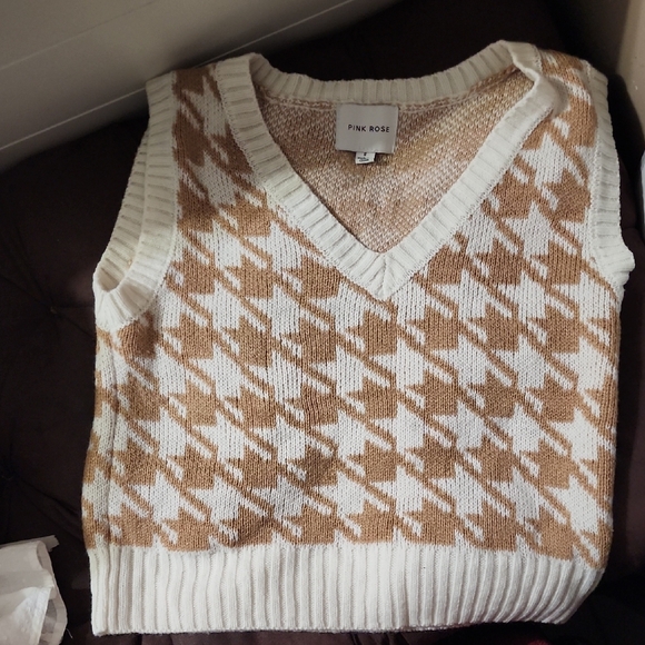 Pink Rose Sweaters - Pink Rose Women's Tan and White Sweater Vest